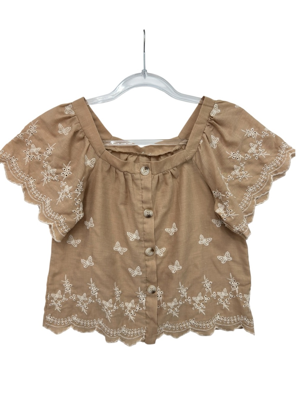 Eyelet Embroidered Scalloped Butterfly Square Neck Faux Buttons Top Blouse